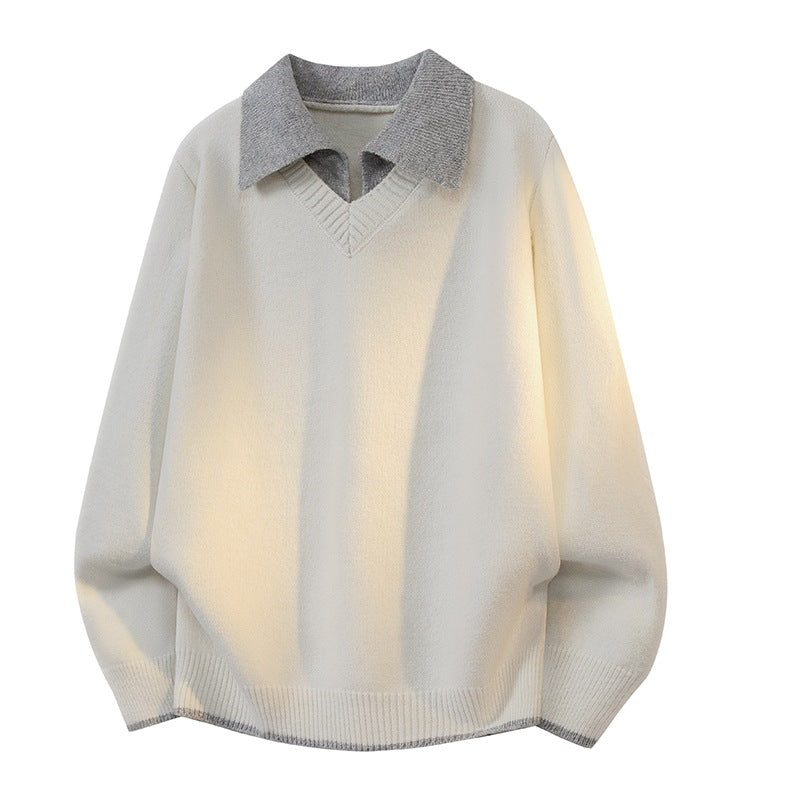 Unisex Oversize Strickpullover mit Kontrastpolokragen und V-Ausschnitt Drune
