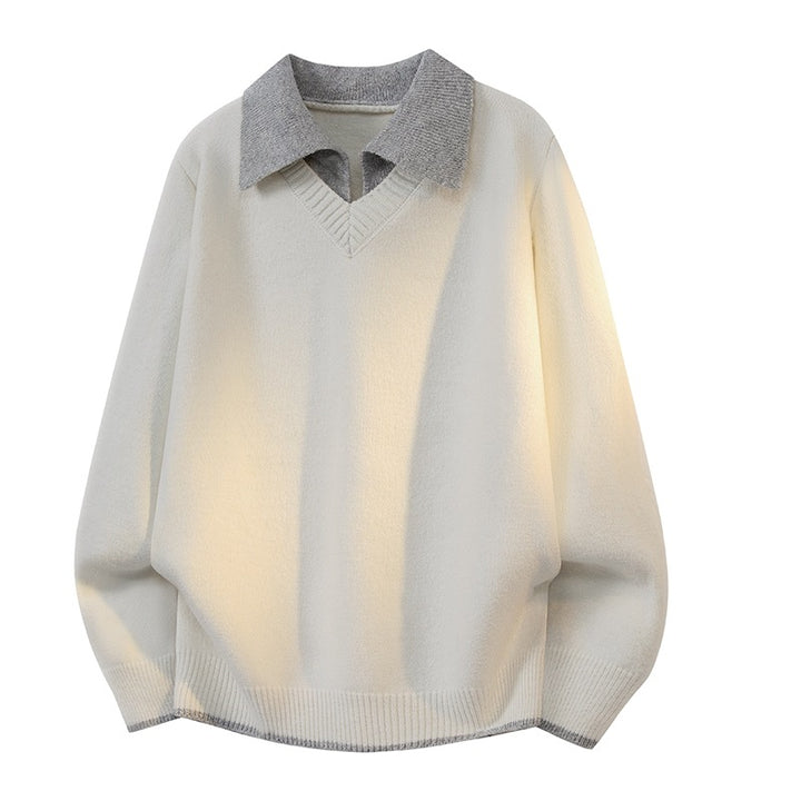 Unisex Oversize Strickpullover mit Kontrastpolokragen und V-Ausschnitt Drune