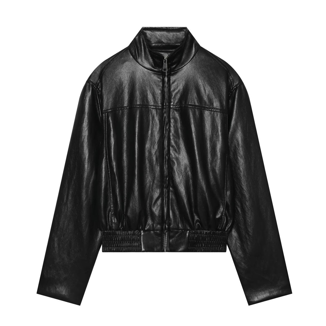 Damen Oversized-Lederblouson im Bomberstil mit Stehkragen und geripptem Saum Drune