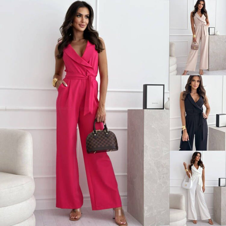 Damen eleganter Jumpsuit mit Wickeldesign und weitem Bein Drune