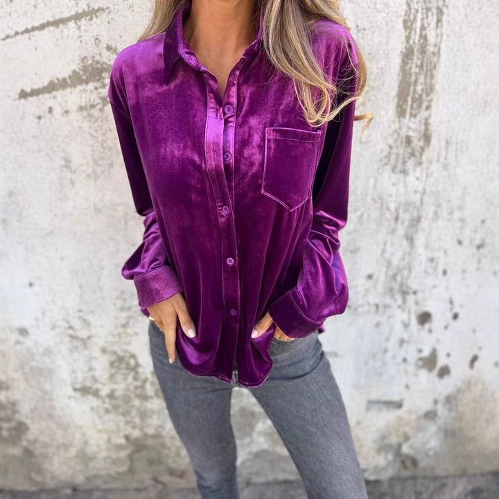 Damen Elegante Samtbluse mit klassischem Hemdkragen und langen Ärmeln Drune