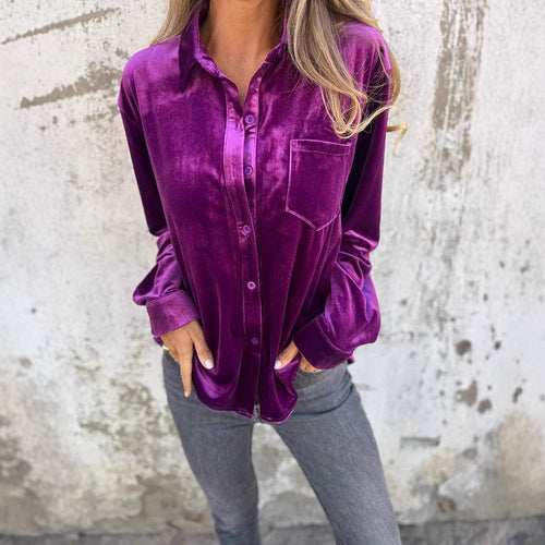 Damen Elegante Samtbluse mit klassischem Hemdkragen und langen Ärmeln Drune
