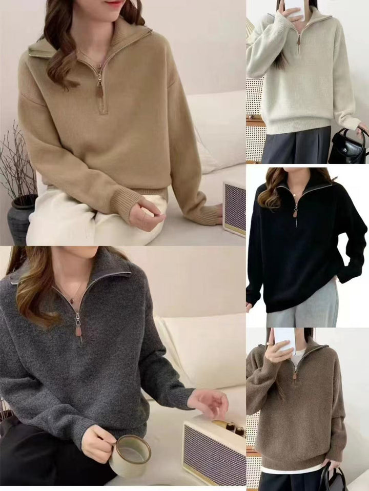 Damen Modischer Pullover mit Stehkragen und Reißverschluss Drune