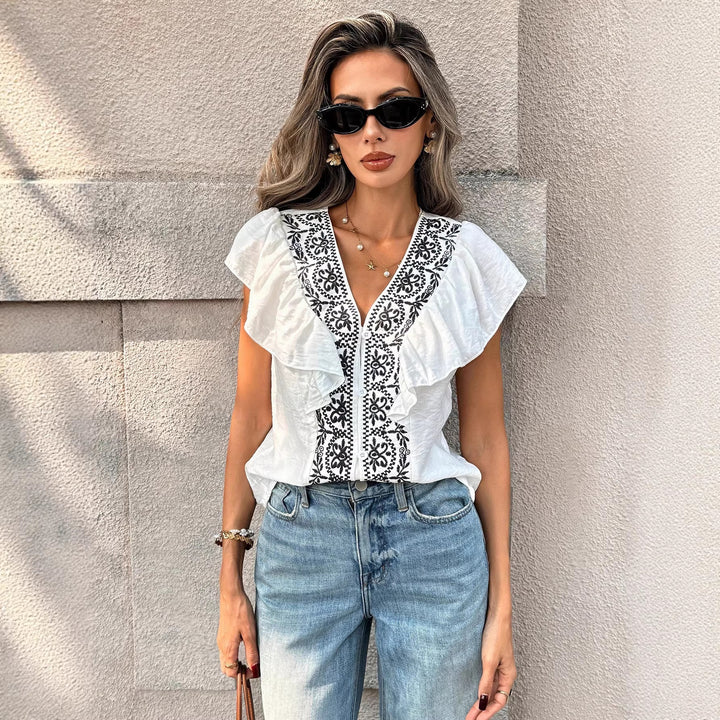 Damen Stickerei-Bluse mit V‑Ausschnitt, Knopfleiste und Volantärmeln Drune