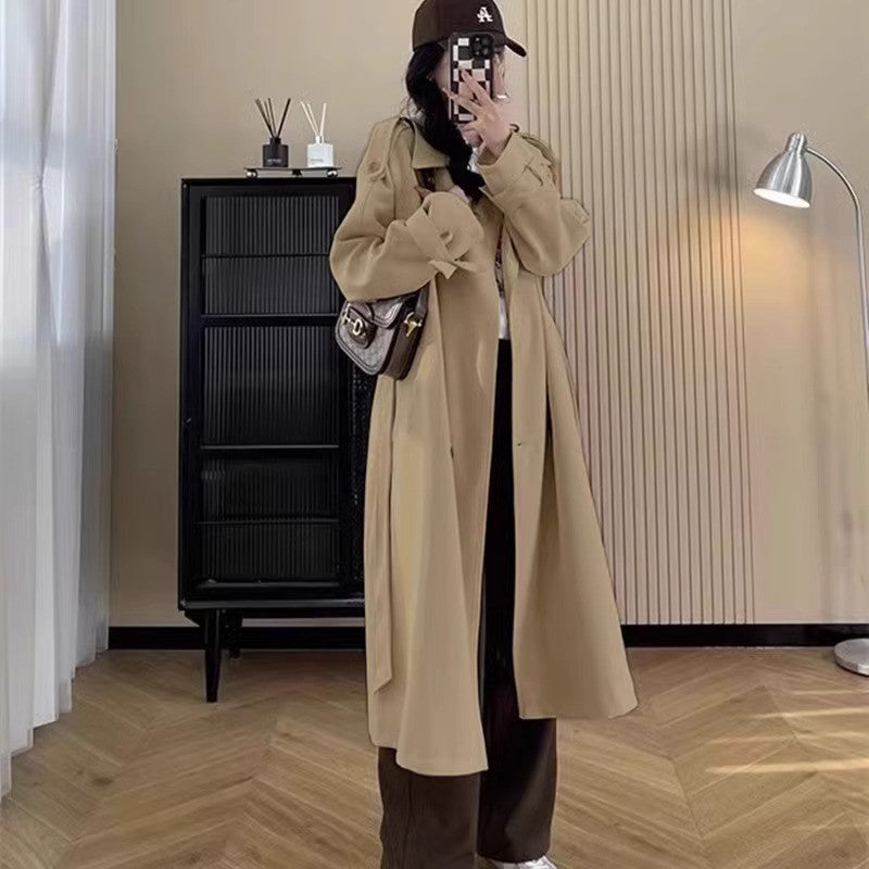 Damen Langer Oversize-Trenchcoat mit Ballonärmeln und Bindegürtel Drune