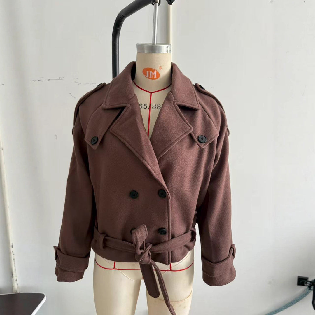 Damen Kurz geschnittener Oversize-Wollmix-Peacoat mit weitem Revers und Bindegürtel Drune