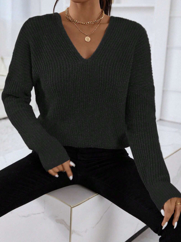 Damen V-Ausschnitt Strickpullover mit breiten Ärmeln und weichem Material Drune