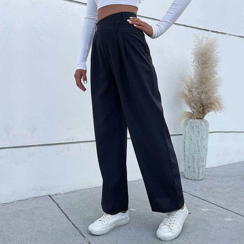 Damen Elegante Stoffhose mit hoher Taille, Bundfalten und weitem Bein Drune