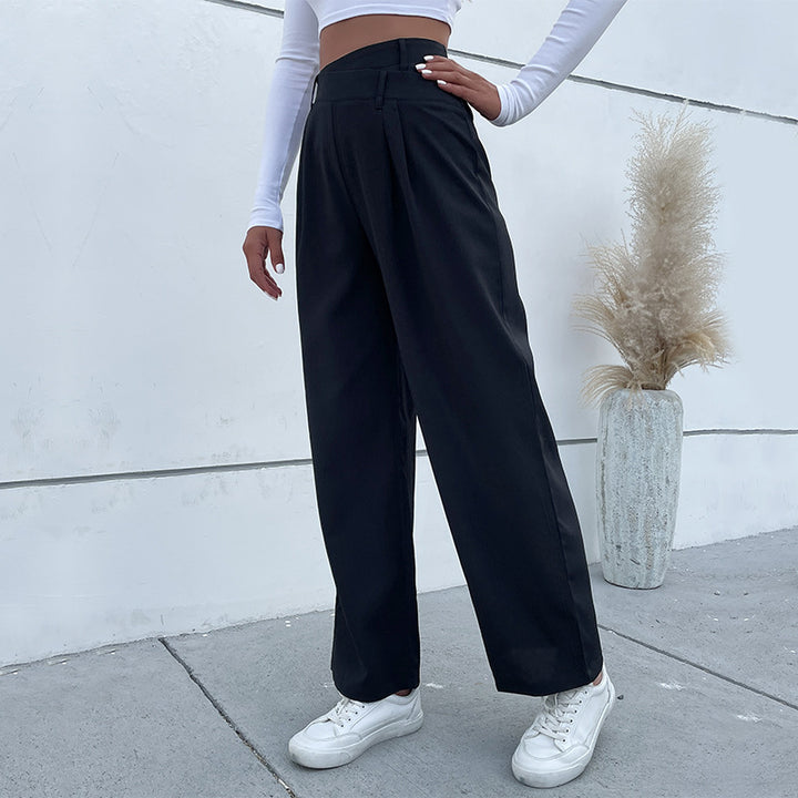 Damen Elegante Stoffhose mit hoher Taille, Bundfalten und weitem Bein Drune