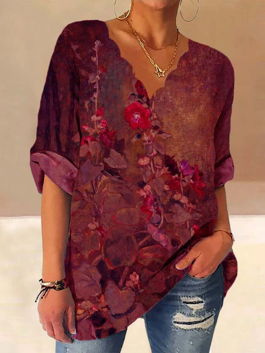 Damen Lockere Bluse mit Welligem V-Ausschnitt und Aquarell Floral Print Drune
