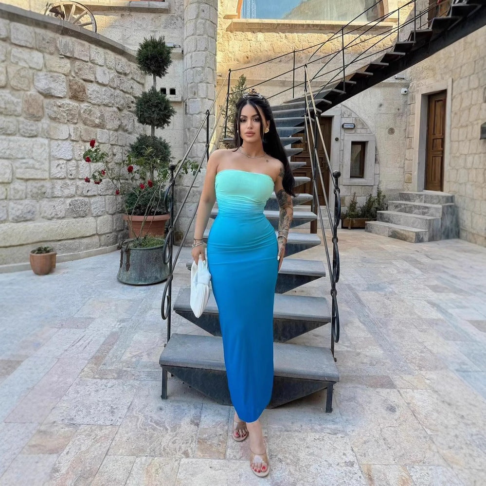 Damen elegantes trägerloses Maxikleid mit Farbverlauf Drune