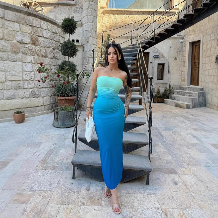 Damen elegantes trägerloses Maxikleid mit Farbverlauf Drune