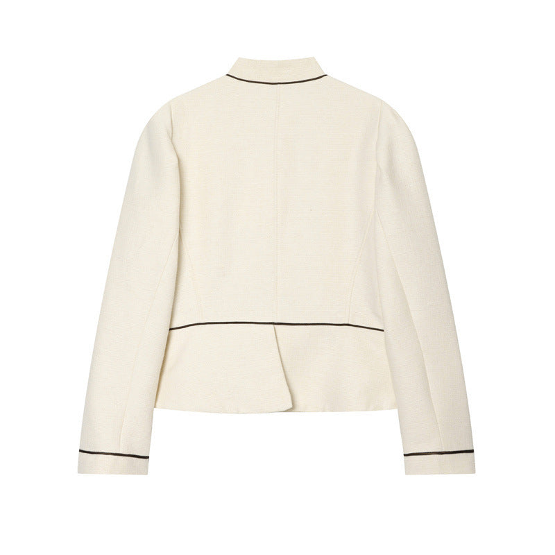 Damen Bouclé-Tweed Kurzjacke mit Stehkragen, taillierter Schnitt und Kontrastpaspel Drune