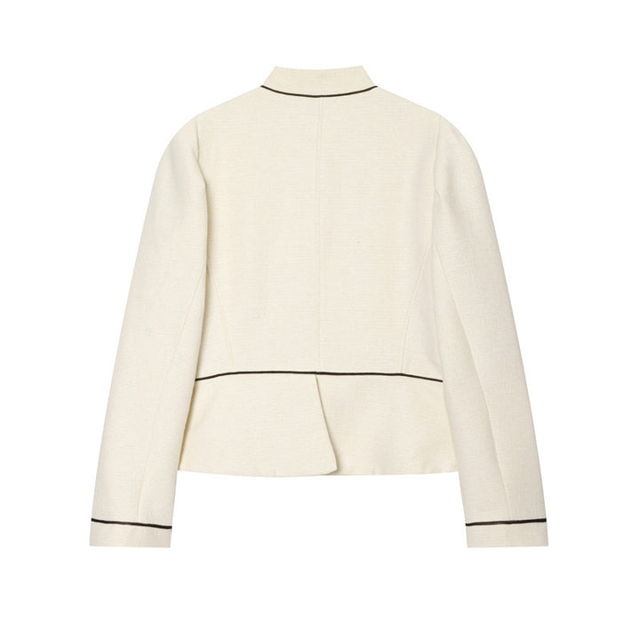 Damen Bouclé-Tweed Kurzjacke mit Stehkragen, taillierter Schnitt und Kontrastpaspel Drune