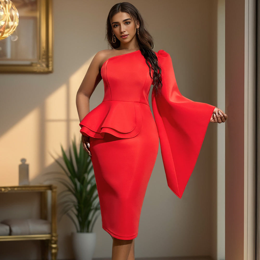 Damen figurbetontes Cocktailkleid mit asymmetrischem Rüschenvolant Drune