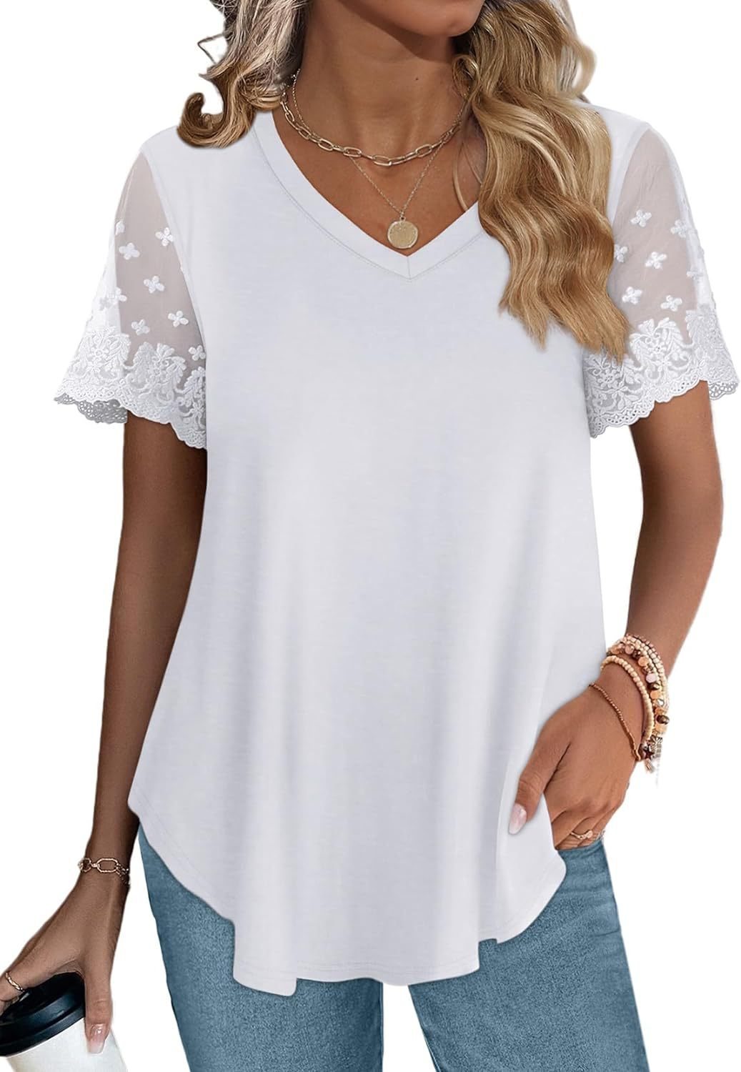 Damen Bluse mit eleganten Spitzenärmeln und V-Ausschnitt Drune