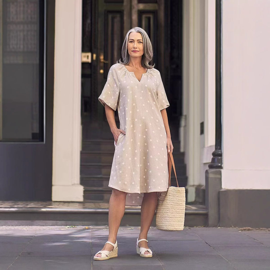 Damen nan lockeres A-Linien Leinenoptik-Kleid mit V-Ausschnitt, geraffter Schulterpartie und Eingrifftaschen Drune