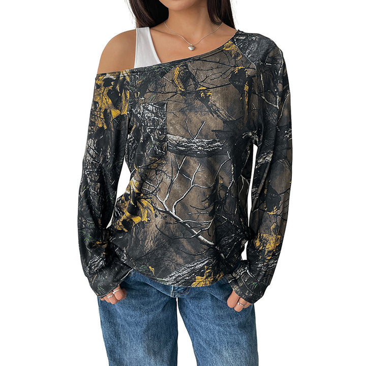 Damen Schulterfreies Langarmshirt mit Camouflage-Waldprint Drune