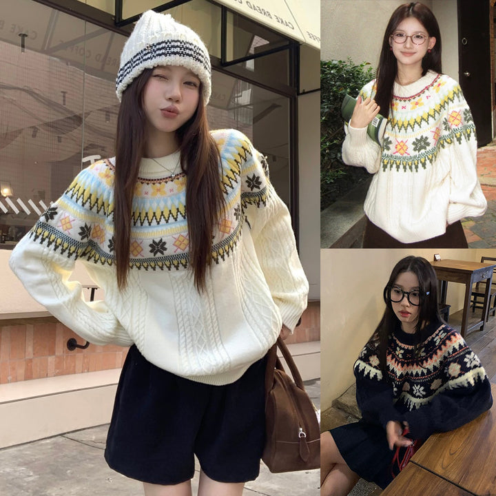 Damen Modischer Grobstrickpullover mit Norweger-Muster Drune