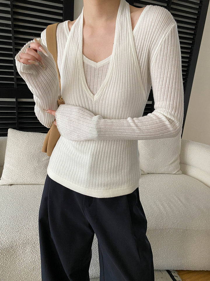 Damen eleganter V-Ausschnitt Strickpullover mit stylischen Cut-Outs Drune