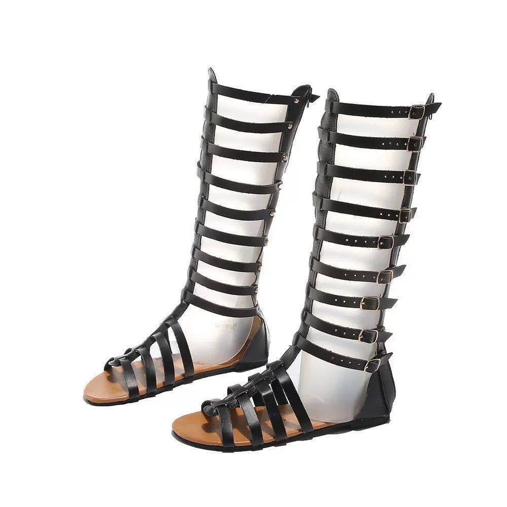 Damen Kniehohe Römersandalen mit mehreren Schnallen und flacher Komfortsohle Drune
