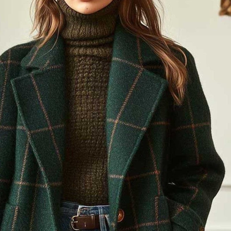 Damen Karierter Wollmix-Mantel mit Oversize-Schulter und klassischem Revers Drune
