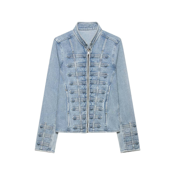Damen Taillierte Denimjacke mit militärischen Galon‑Details und Stehkragen Drune