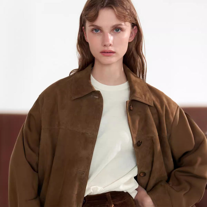 Damen Modische Wildlederjacke mit Button-Up-Verschluss Drune