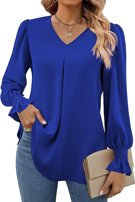 Damen elegante Bluse mit V-Ausschnitt und voluminösen Ärmeln Drune