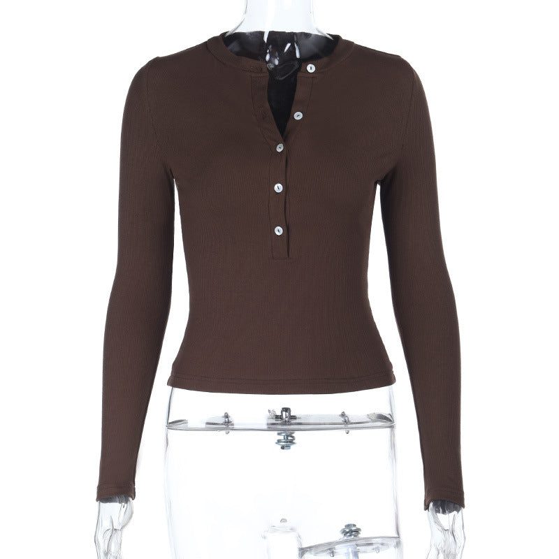 Damen Figurbetontes geripptes Henley-Longsleeve mit Knopfleiste Drune