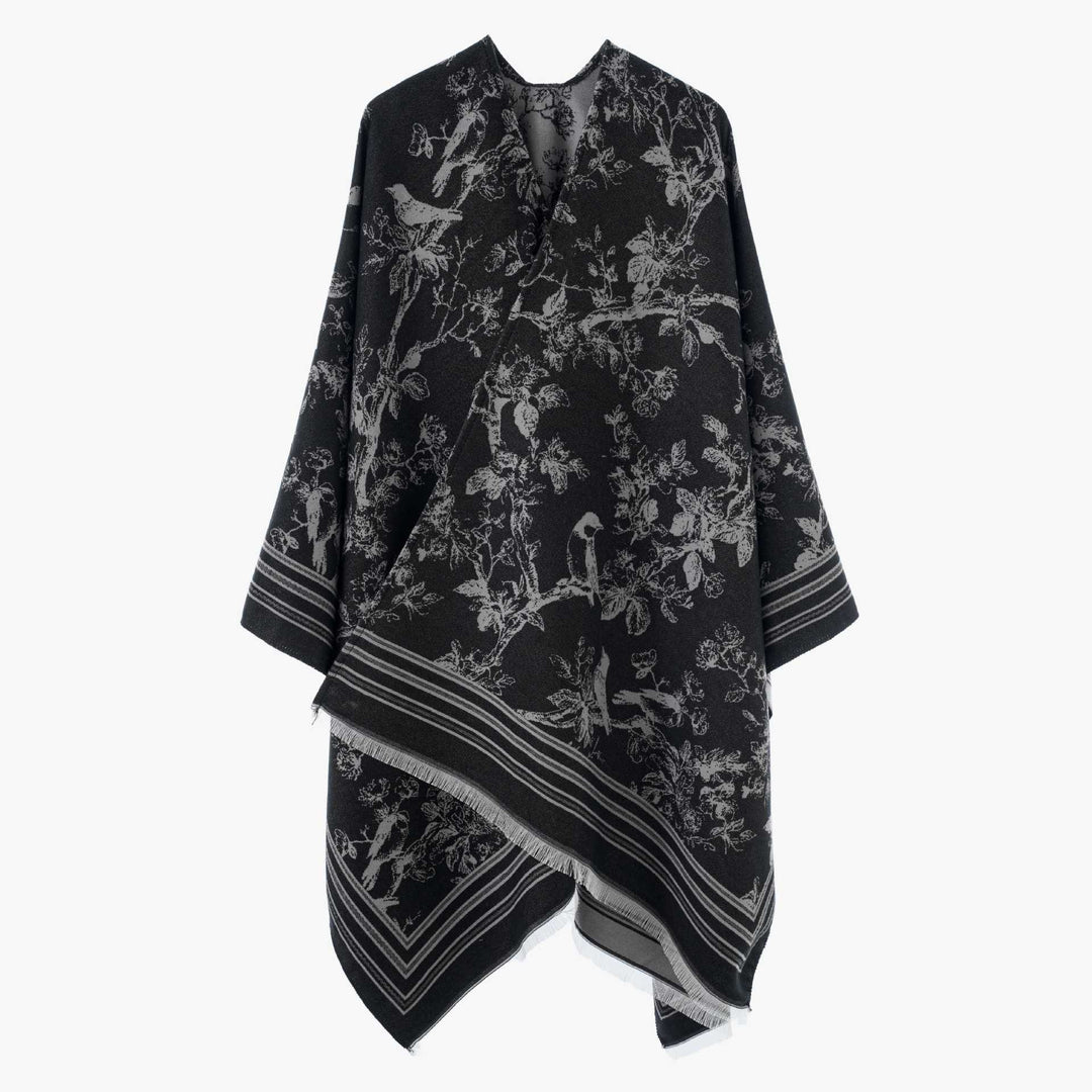 Damen Offener Jacquard‑Kaftanponcho mit Vogel‑ und Blumenmotiv Drune