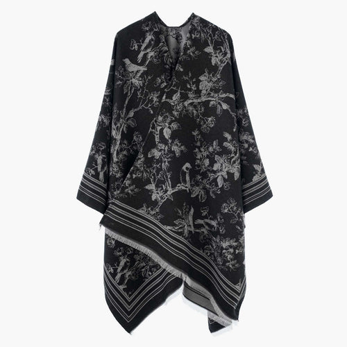 Damen Offener Jacquard‑Kaftanponcho mit Vogel‑ und Blumenmotiv Drune