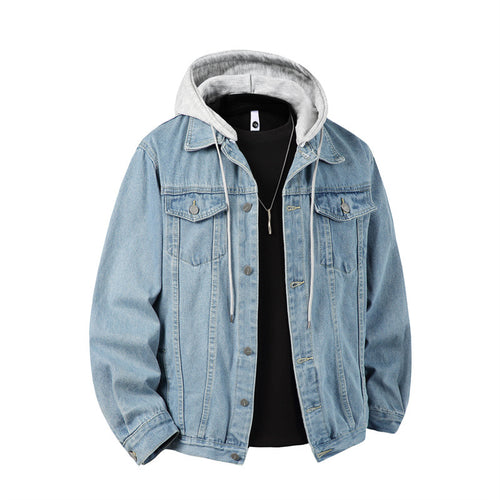 Herren nan Jeansjacke mit angenähter Kapuze Lagenlook robuste Baumwollmischung Drune