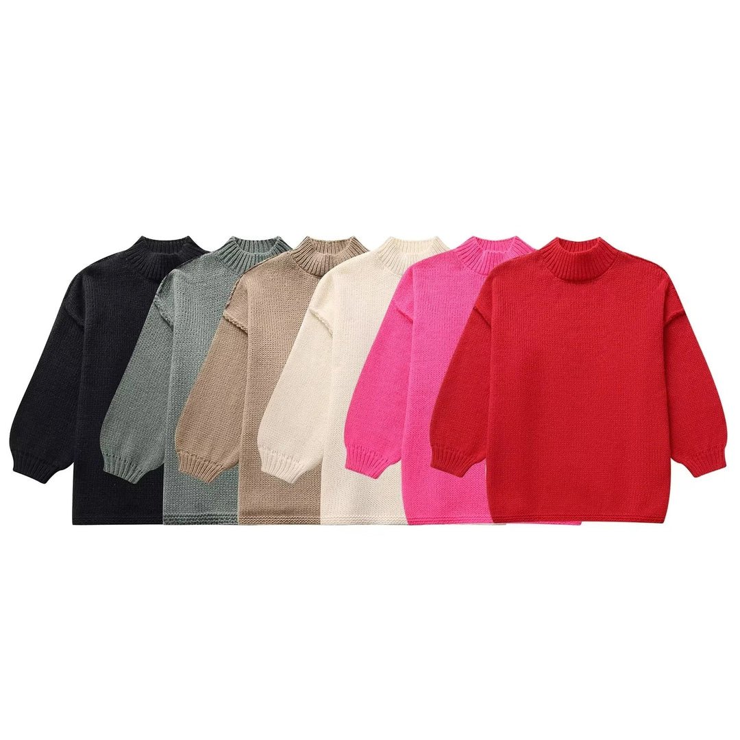 Damen Grobstrick-Pullover mit Stehkragen, überschnittenen Schultern und Ballonärmeln Drune