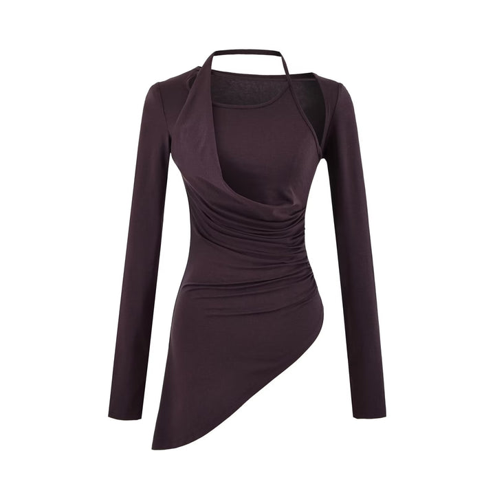 Damen Figurbetontes Langarm-Midikleid mit asymmetrischem Saum, Raffung und Neckholder Drune