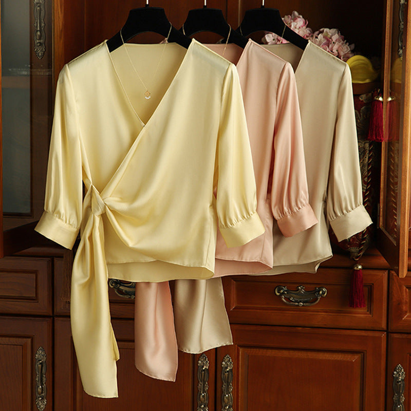 Damen Elegante Wickelbluse mit Taillenbund Drune