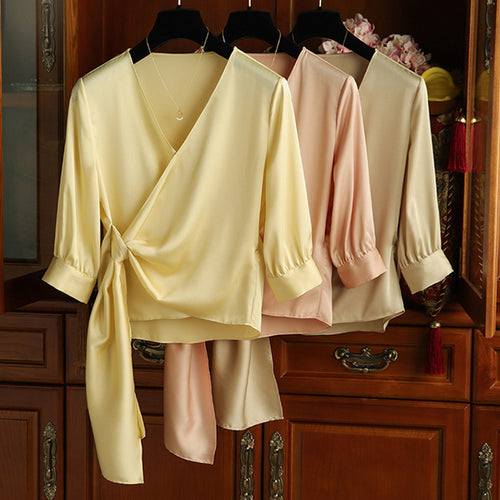 Damen Elegante Wickelbluse mit Taillenbund Drune