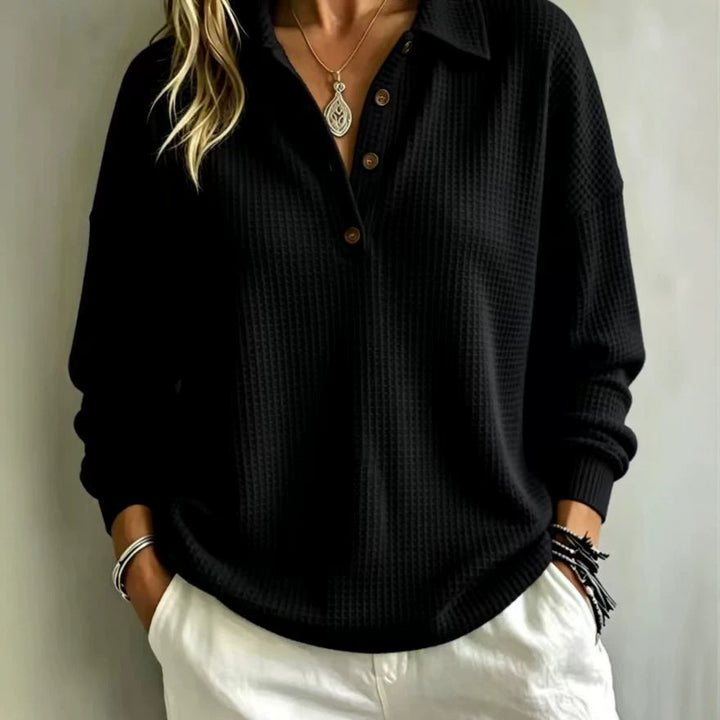 Damen Waffelstrick-Polo mit Oversize-Schnitt, Knopfleiste und Rollkragen-Optik Drune