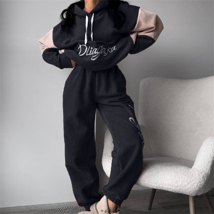 Damen kuscheliges Hoodie-Set mit kontrastärmel, elastischer High-Waist-Jogginghose und überschnittener Kapuze Drune
