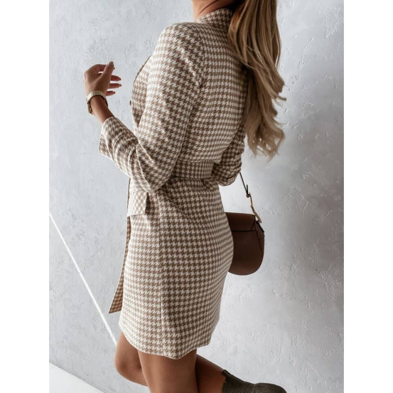 Damen Hemdblusenkleid im klassischen Hahnentritt-Design mit eleganter Taillierung und doppelter Knopfreihe Drune
