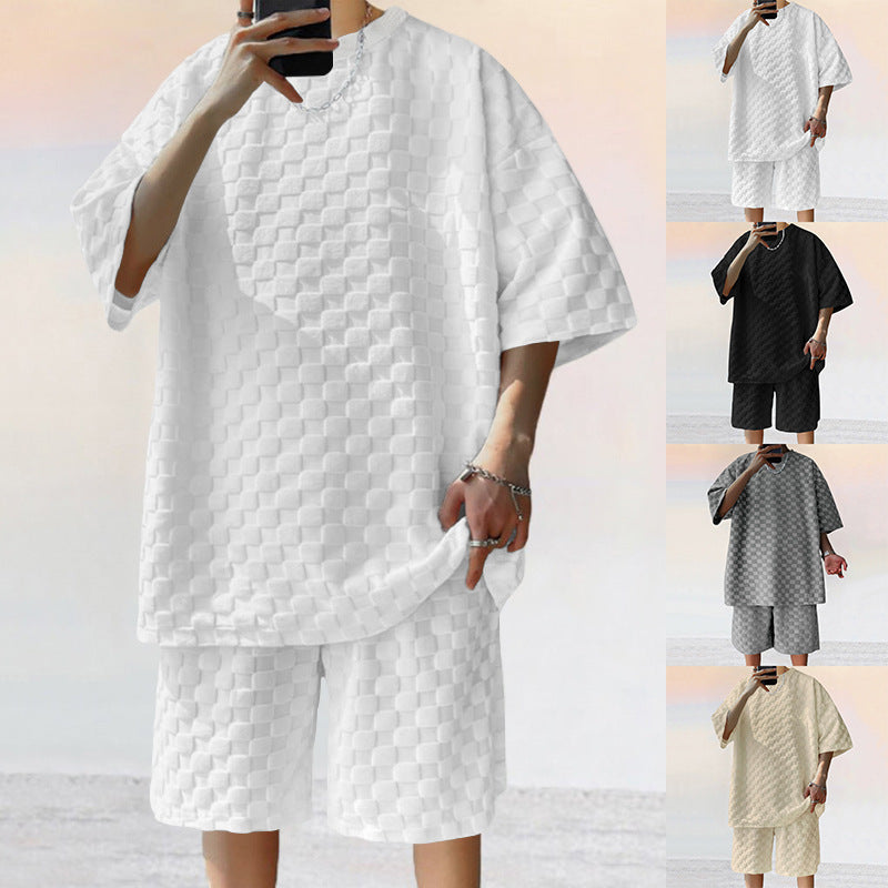 Unisex nan strukturiertes Relief-Set aus wabenartigem Jersey mit übergroßem Shirt und knielangen Shorts Drune