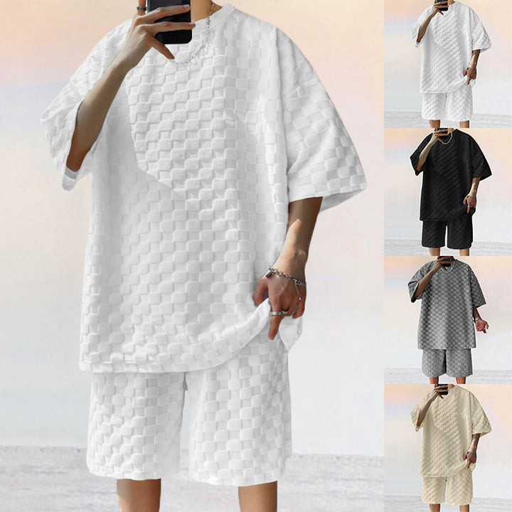 Unisex nan strukturiertes Relief-Set aus wabenartigem Jersey mit übergroßem Shirt und knielangen Shorts Drune