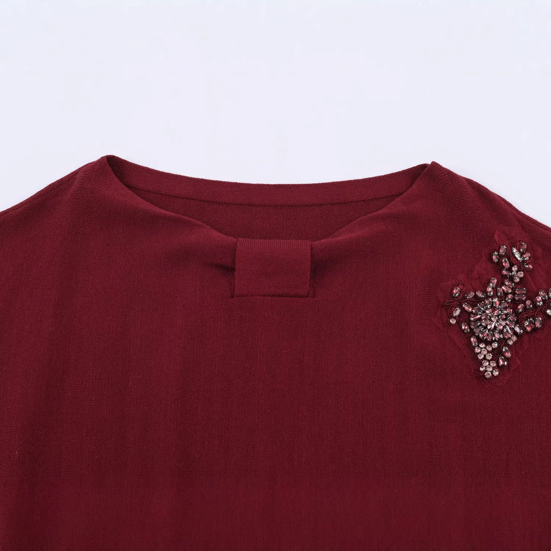 Damen Feinstrick-Pullover mit breitem U-Boot-Ausschnitt und Perlenapplikation Drune