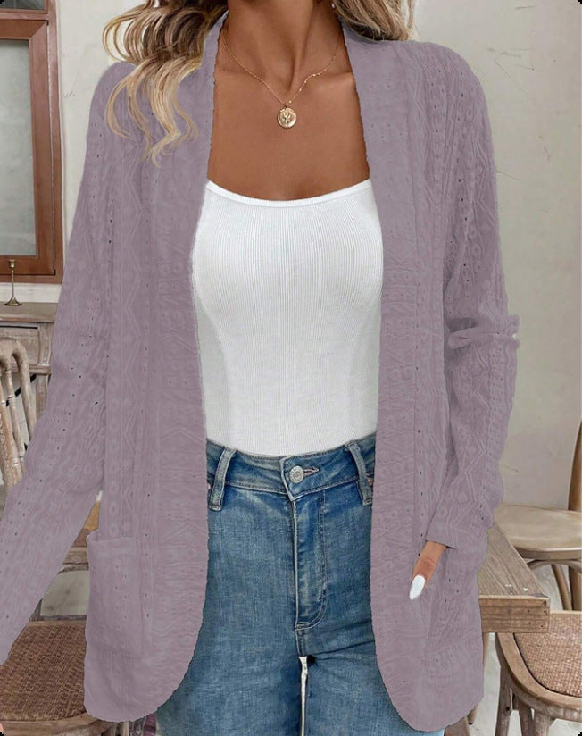Damen Offener Strukturierter Strickcardigan mit Eingrifftaschen Drune