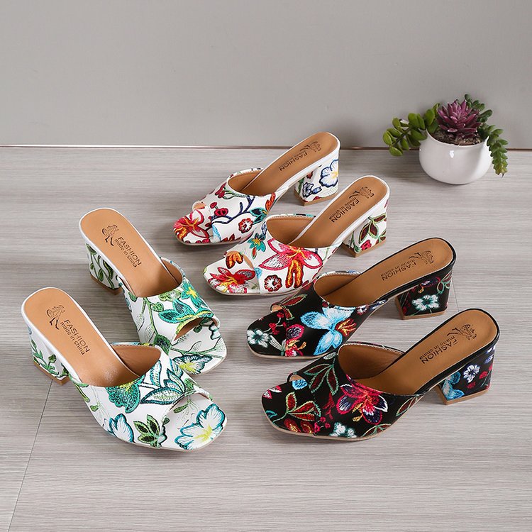 Damen Slip-On Mules mit floralem Allover-Print, mittelhohem Blockabsatz und gepolstertem Komfortfußbett Drune