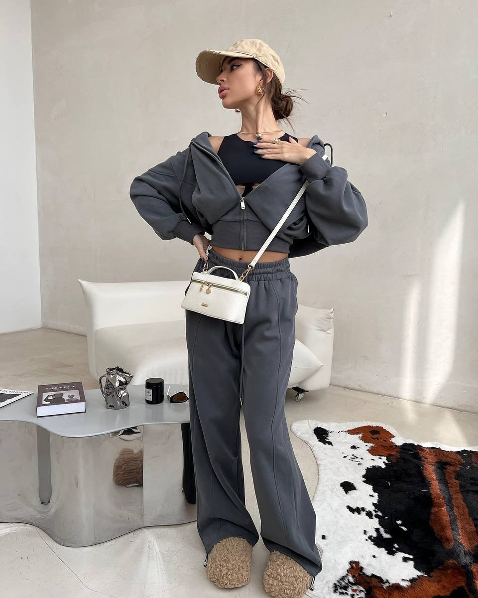 Damen kurzes Kapuzen-Sweatjacke mit Balloonärmeln und elastischer High-Waist Palazzo-Freizeithose Drune