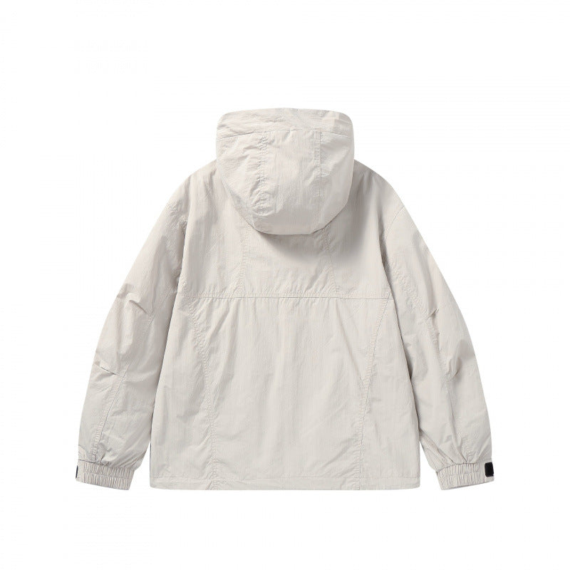 Unisex Leichte Kapuzen-Übergangsjacke mit großem Pattentaschen-Detail und Kordelzug Drune