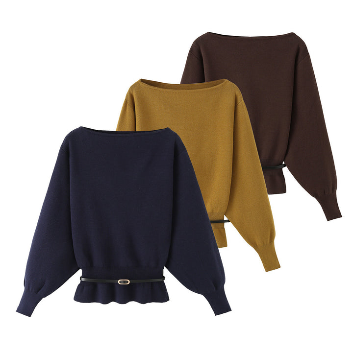 Damen Strickpullover mit U-Boot-Ausschnitt, Ballonärmeln und tailliertem Rüschenbund Drune