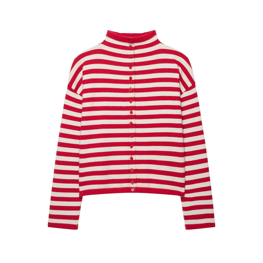 Damen Gestreifte Cropped-Strickjacke mit Stehkragen und durchgehender Knopfleiste Drune