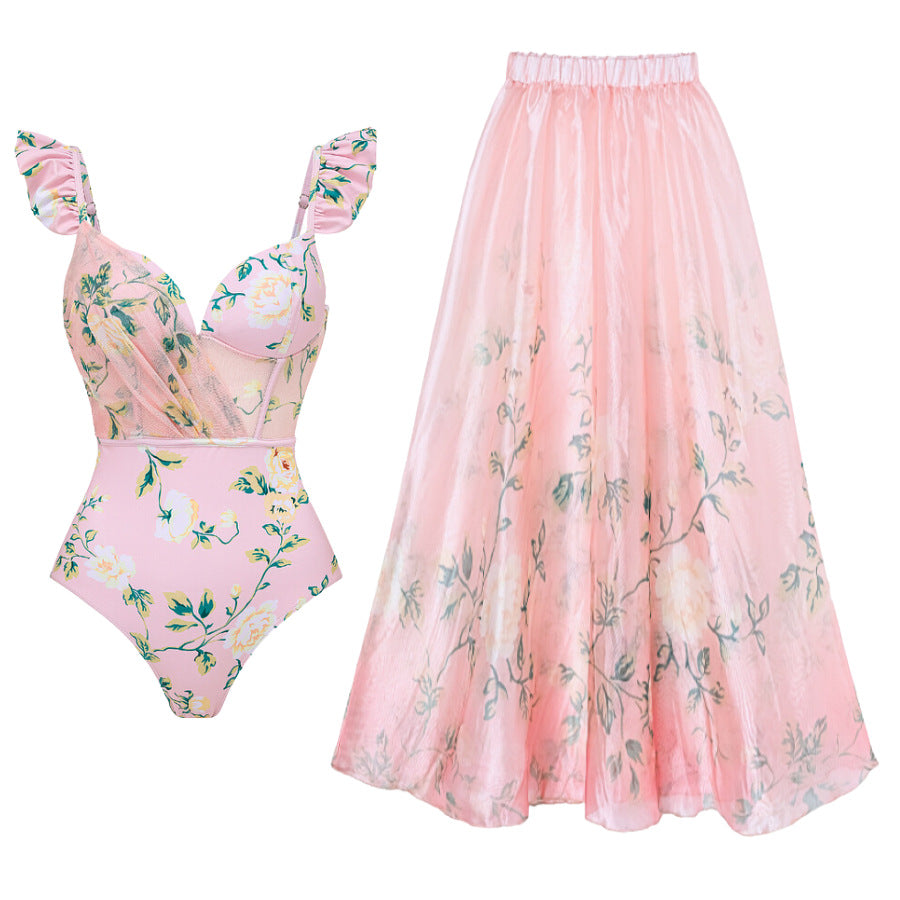 Damen Bikini-Set mit floralen Details und luftiger Maxi-Rock Drune